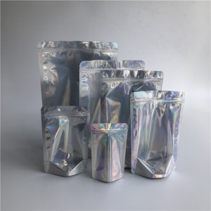 Nagyker nagykereskedelemben újracserélhető átlátszó elülső holografikus állványtasakok, laminált műanyag kozmetikai cipzáras táskák, raktáron