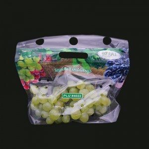 Öko-barát nyomtatott műanyag szőlőből készült, cipzárral ellátott csomagolótáska szellőzőnyílásokkal